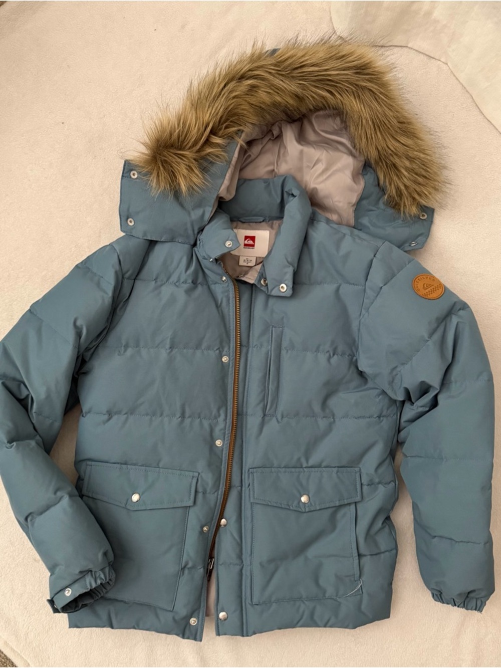 Quiksilver Light Blue Puffer Coat with Faux Fur Trim